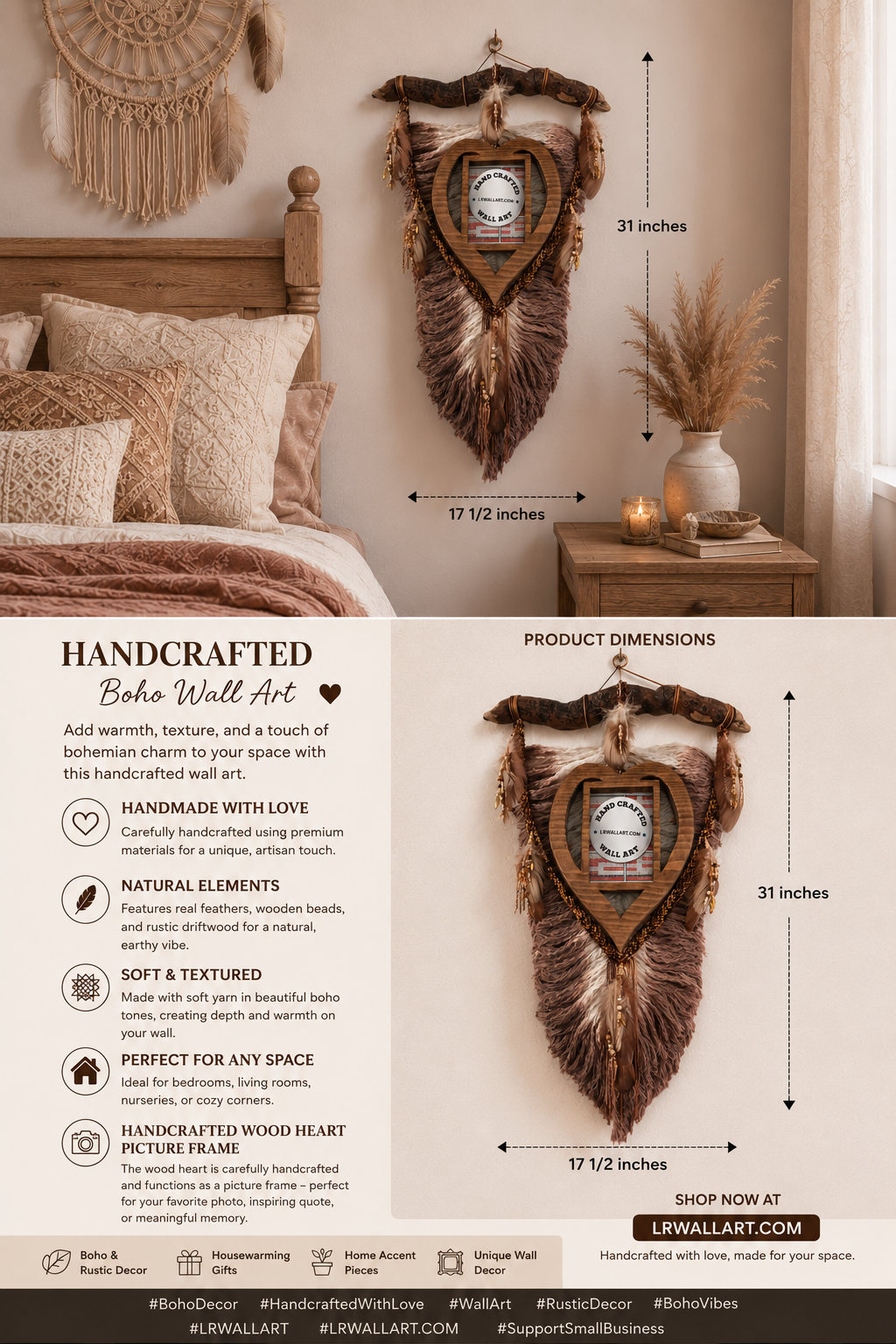 Brown-Beige Macrame feather/leaf w/Heart Picture Frame