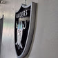Handcrafted Raiders-Inspired Wood Wall Art – Black & Silver 18x17" Shield Sign