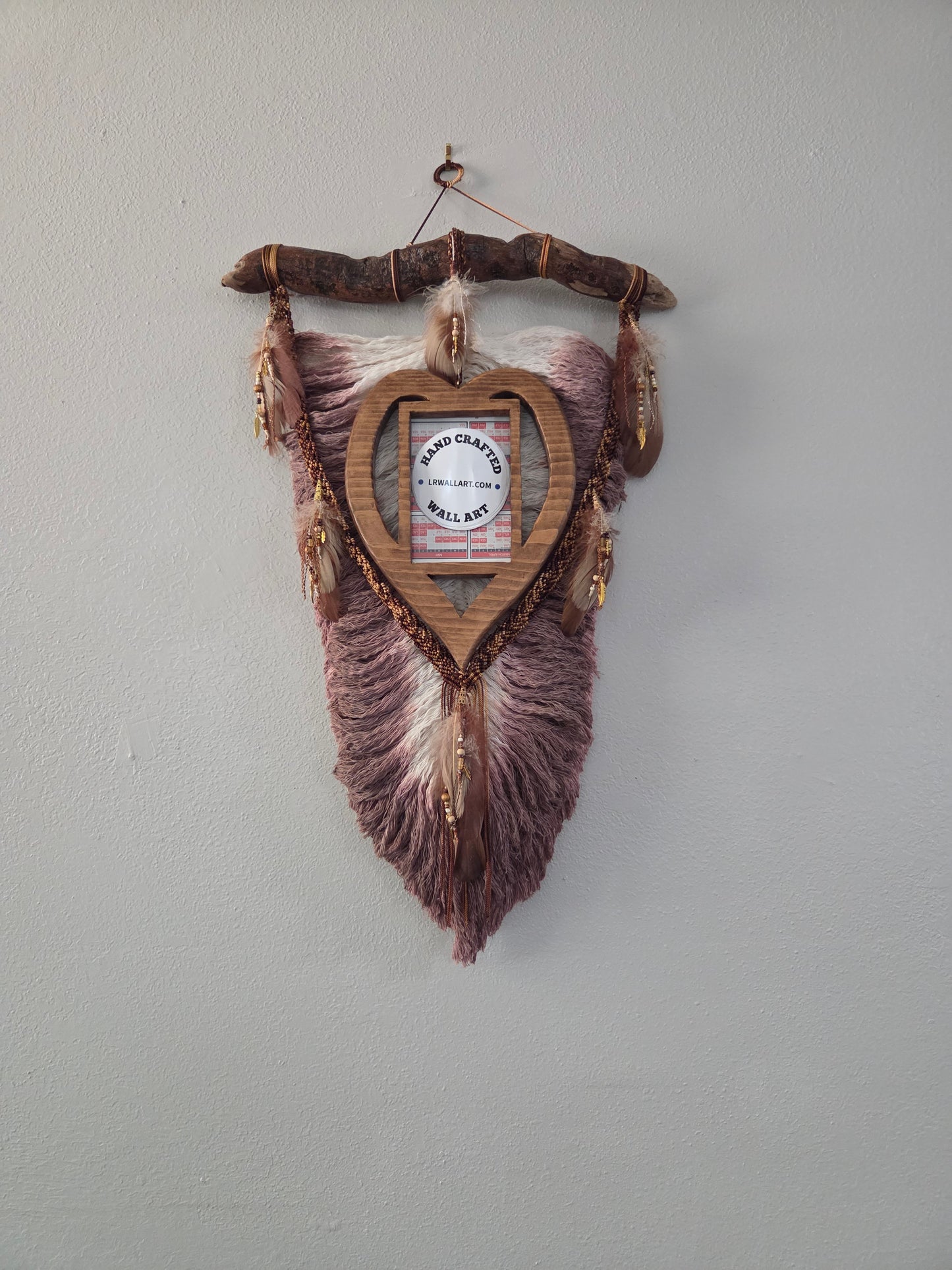 Brown-Beige Macrame feather/leaf w/Heart Picture Frame