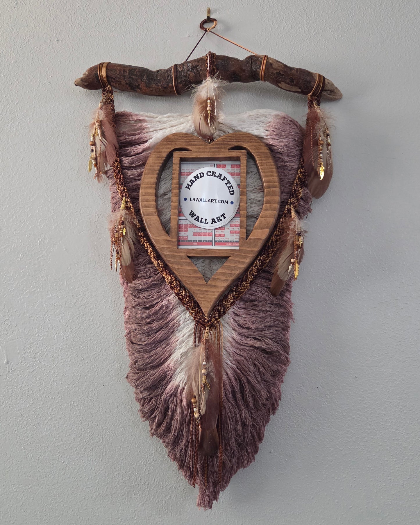 Brown-Beige Macrame feather/leaf w/Heart Picture Frame