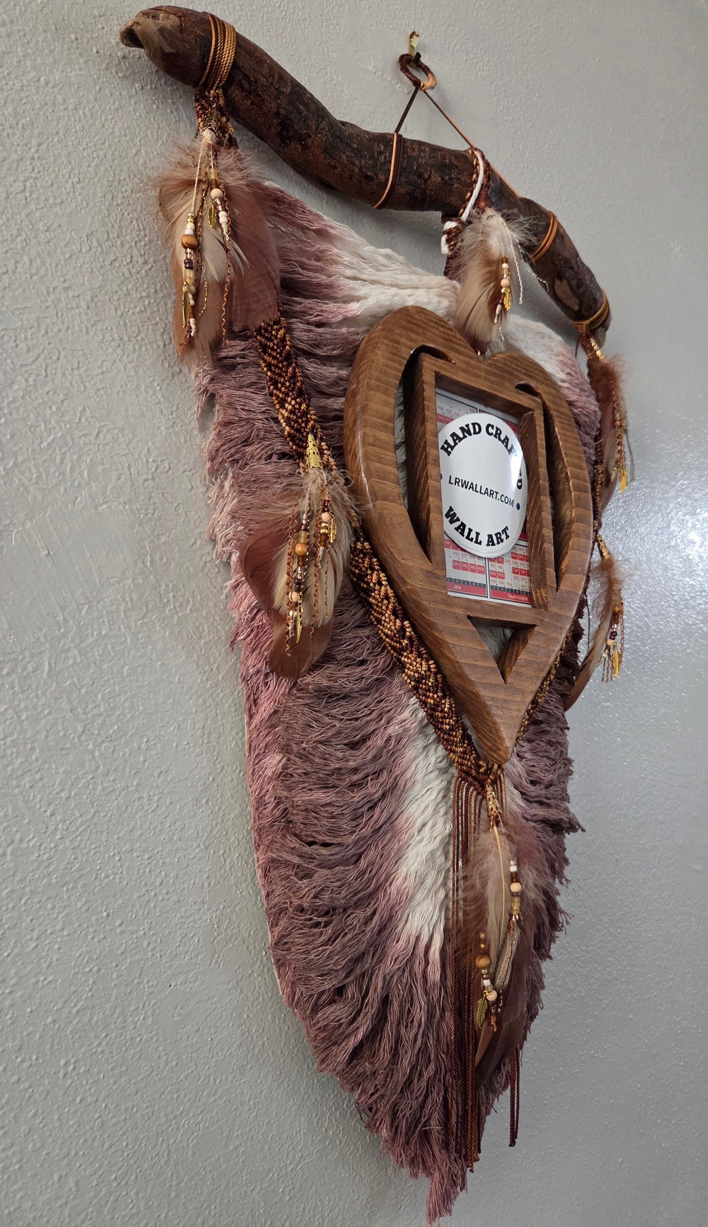 Brown-Beige Macrame feather/leaf w/Heart Picture Frame