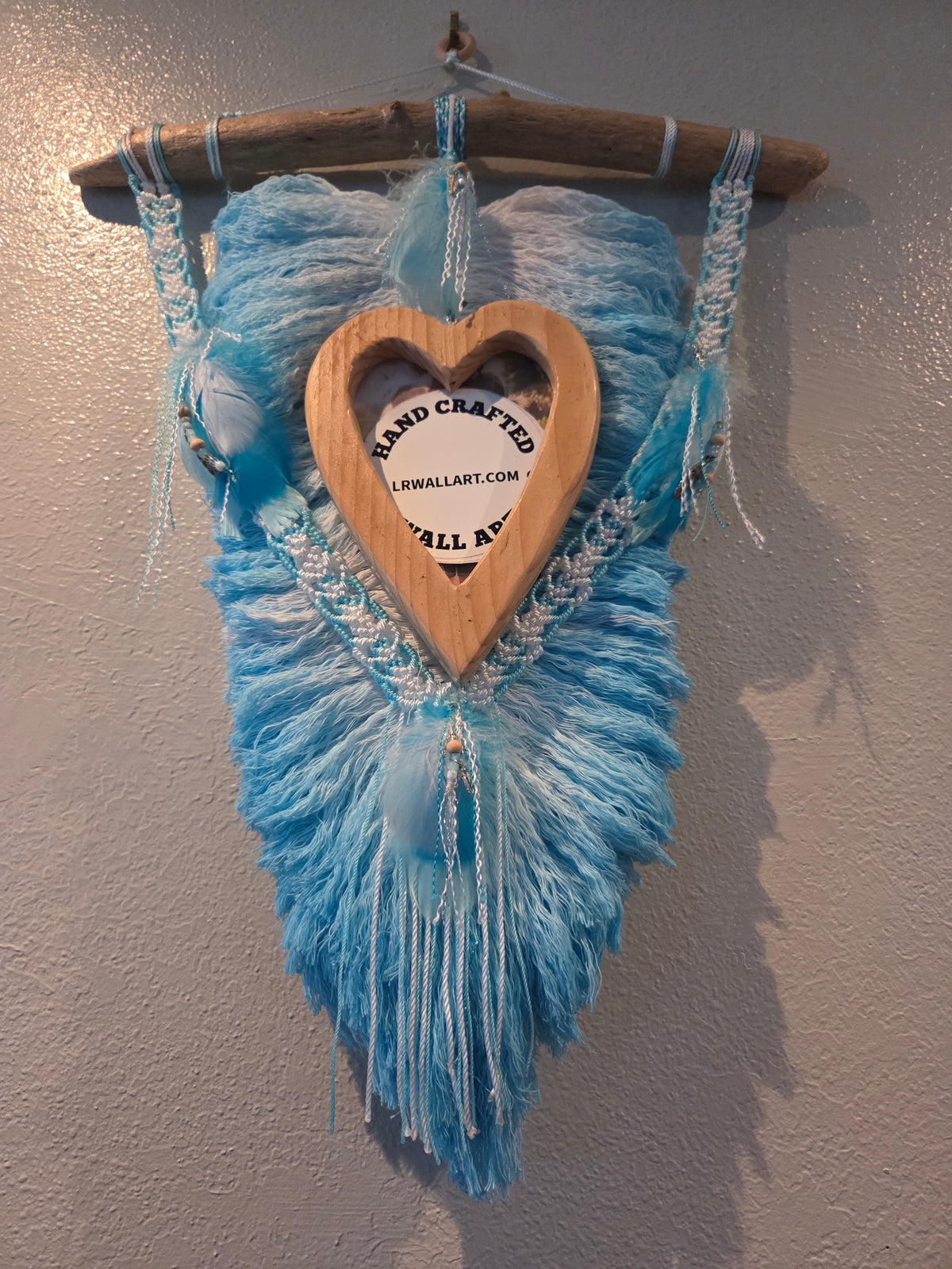 Turquise Macrame feather/leaf w/Heart Picture Frame