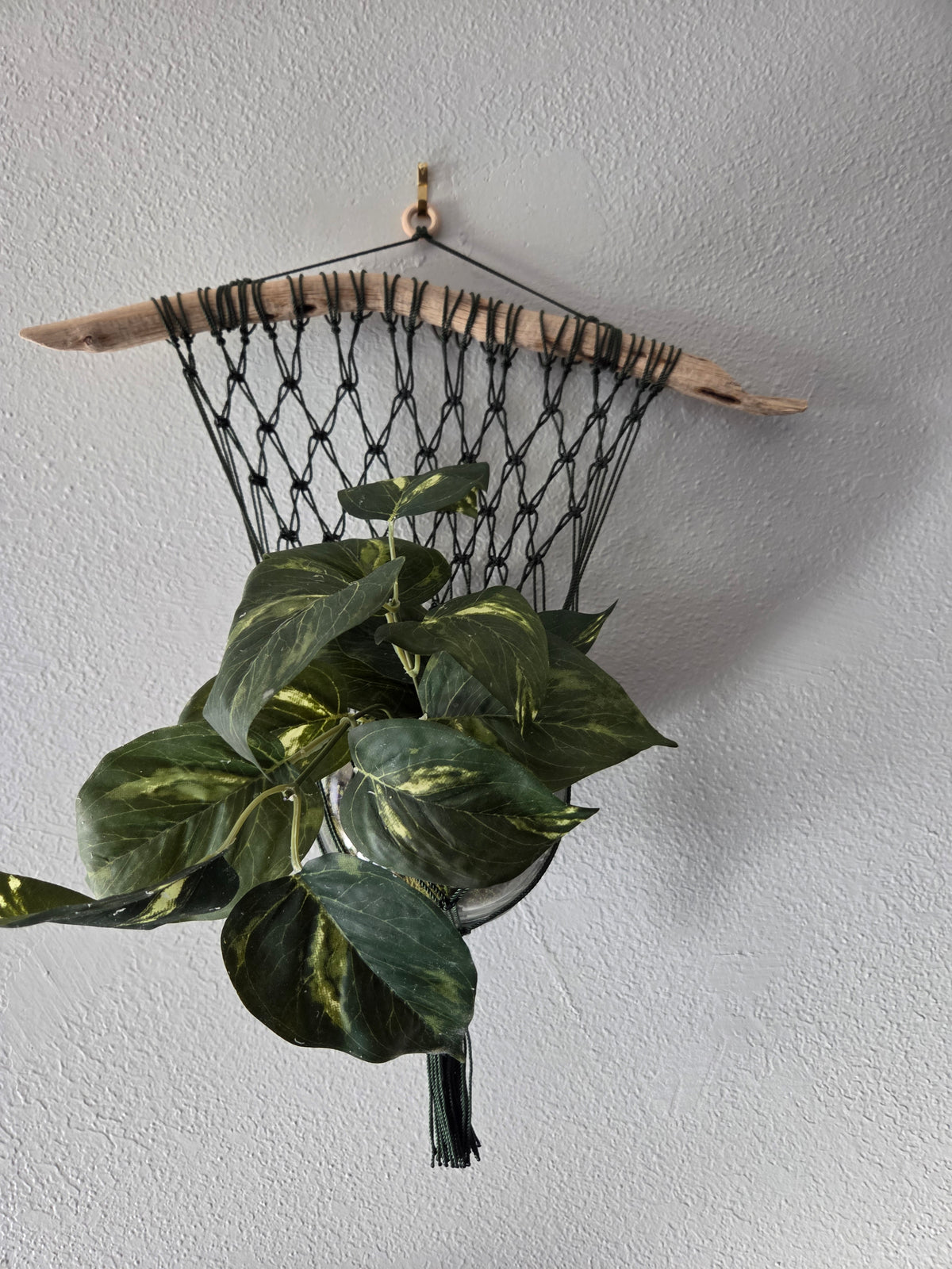 Handcrafted Macrame Nylon Plant Hanger with Driftwood & Decorative Greenery