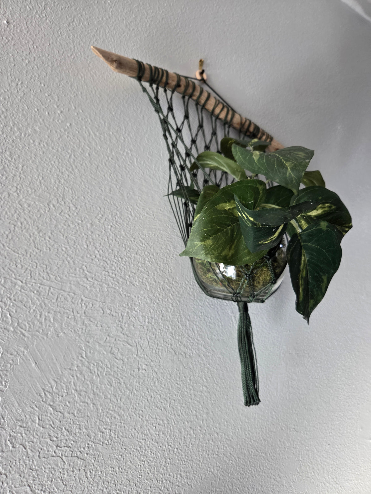 Handcrafted Macrame Nylon Plant Hanger with Driftwood & Decorative Greenery