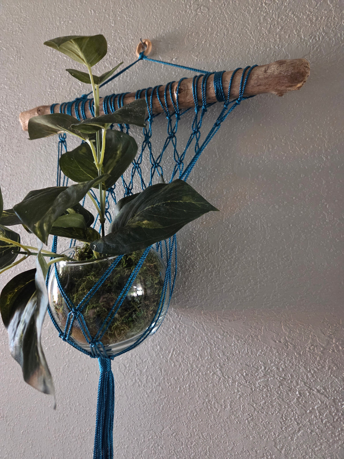 Handcrafted Macrame Nylon Plant Hanger with Driftwood & Decorative Greenery