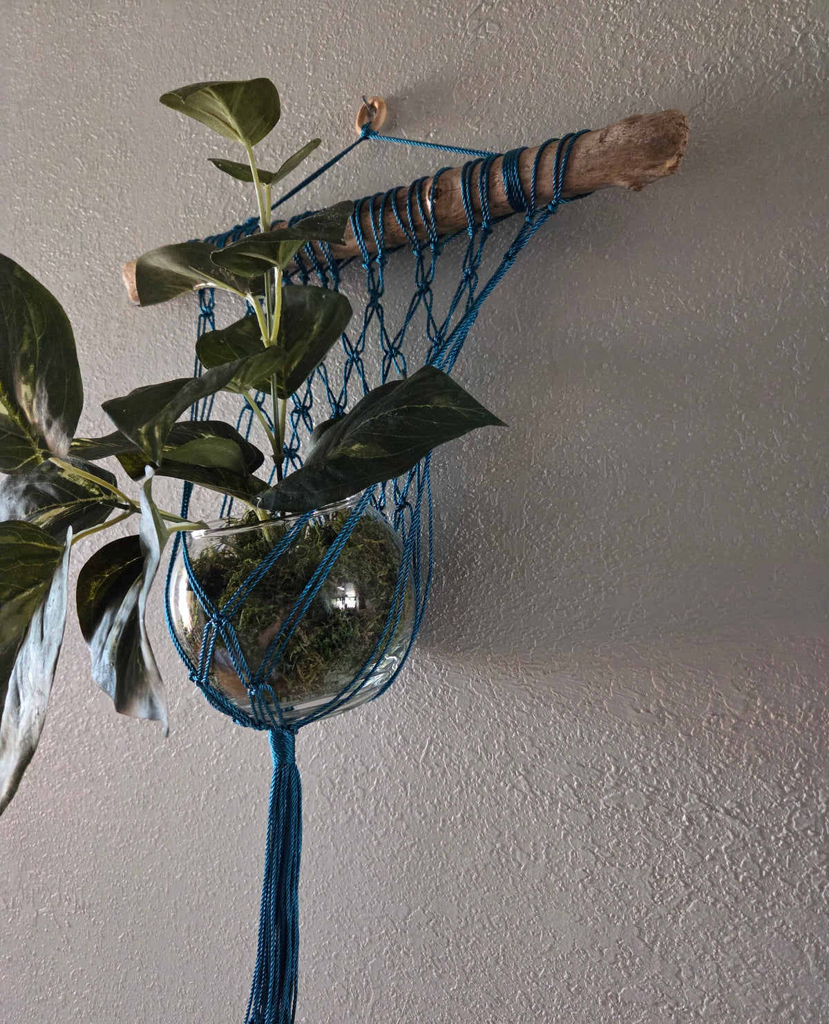Handcrafted Macrame Nylon Plant Hanger with Driftwood & Decorative Greenery