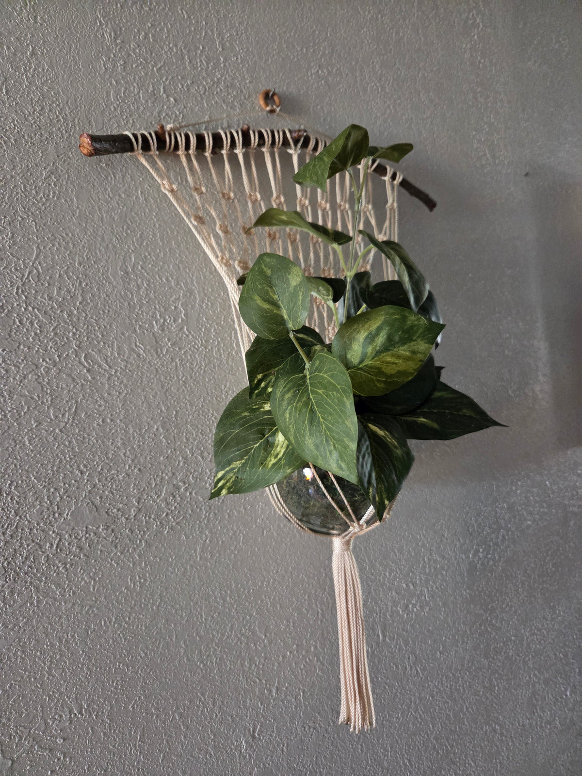 Handcrafted Macrame Nylon Plant Hanger with Driftwood & Decorative Greenery