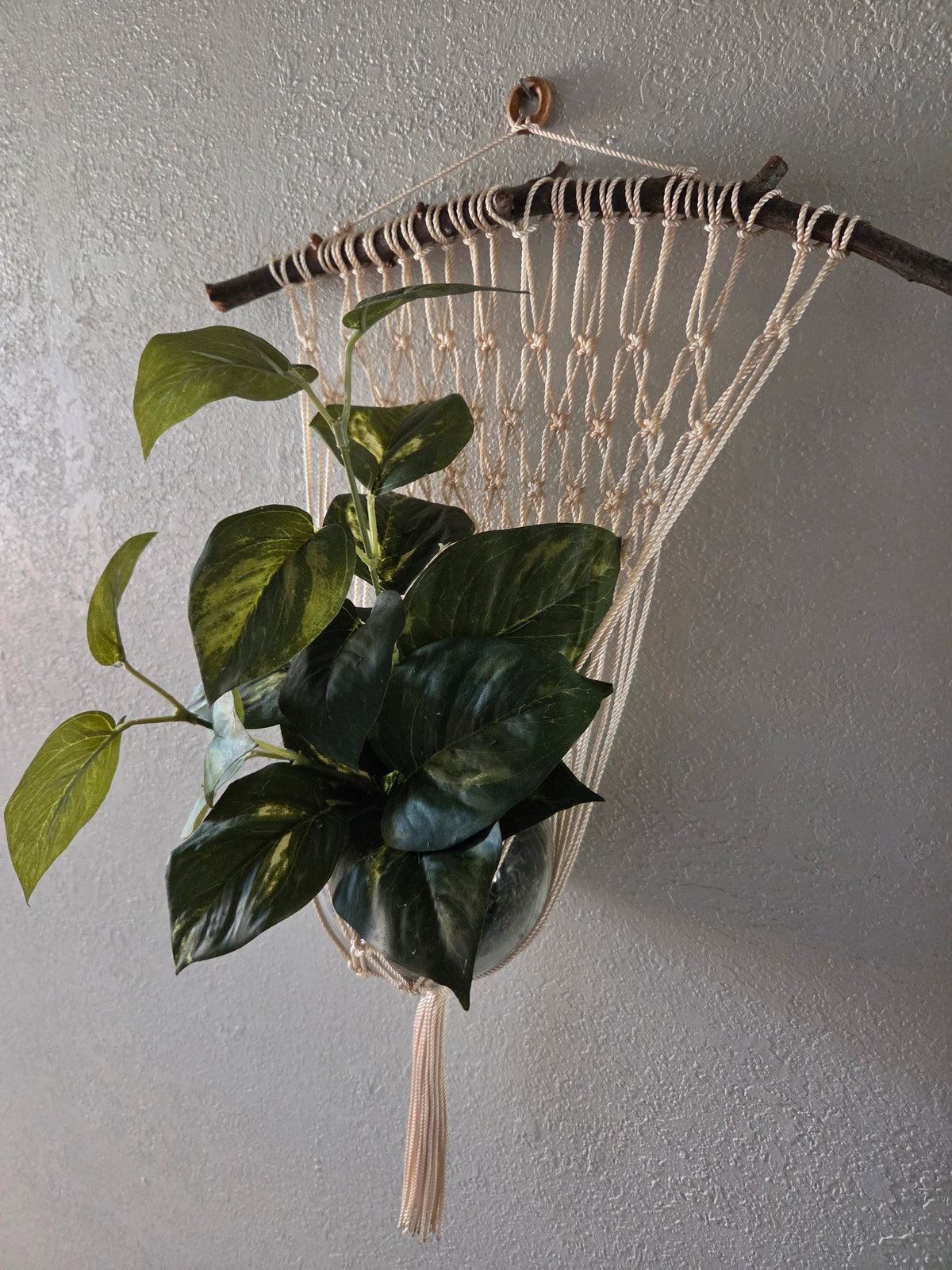 Handcrafted Macrame Nylon Plant Hanger with Driftwood & Decorative Greenery