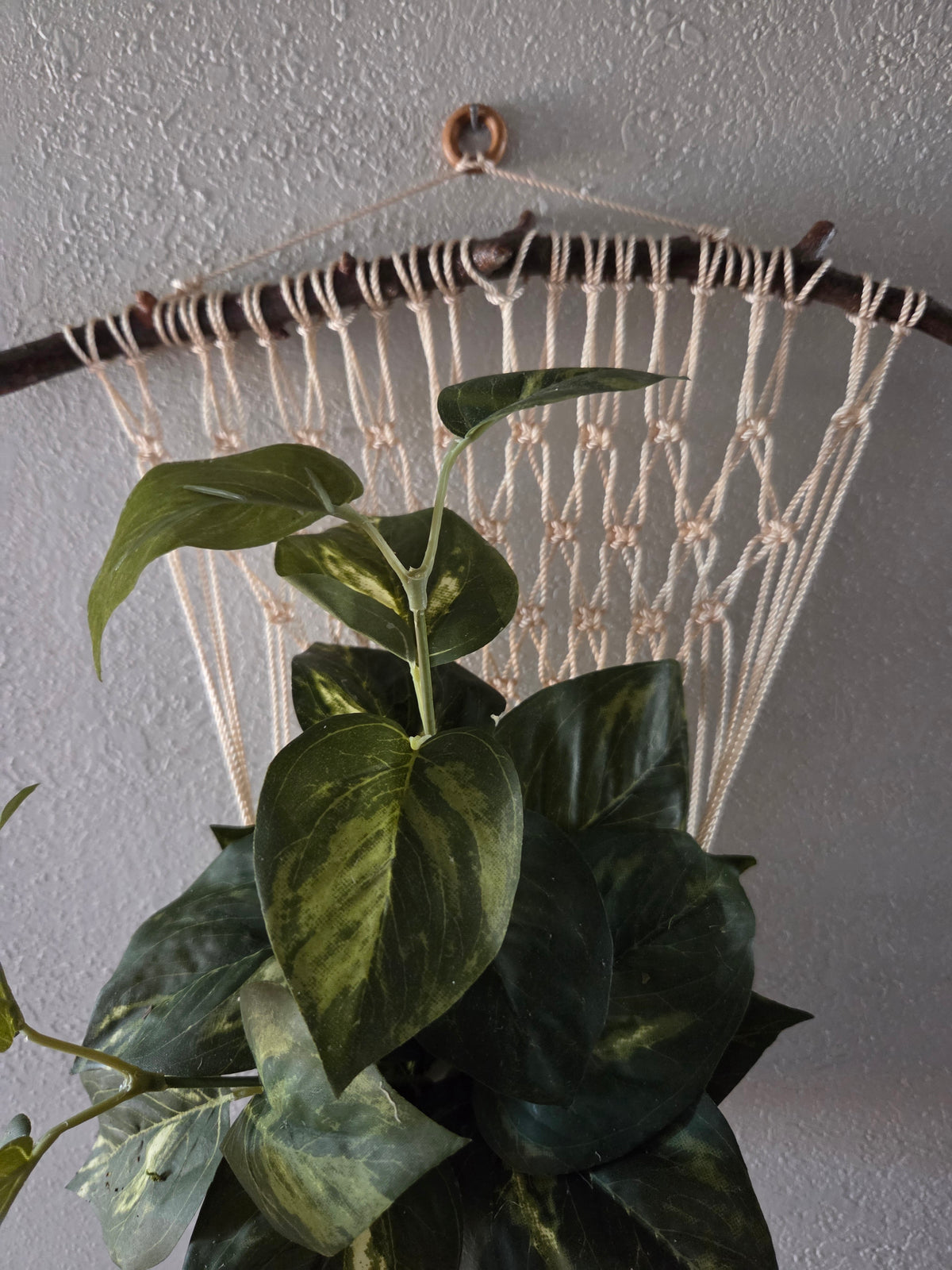 Handcrafted Macrame Nylon Plant Hanger with Driftwood & Decorative Greenery