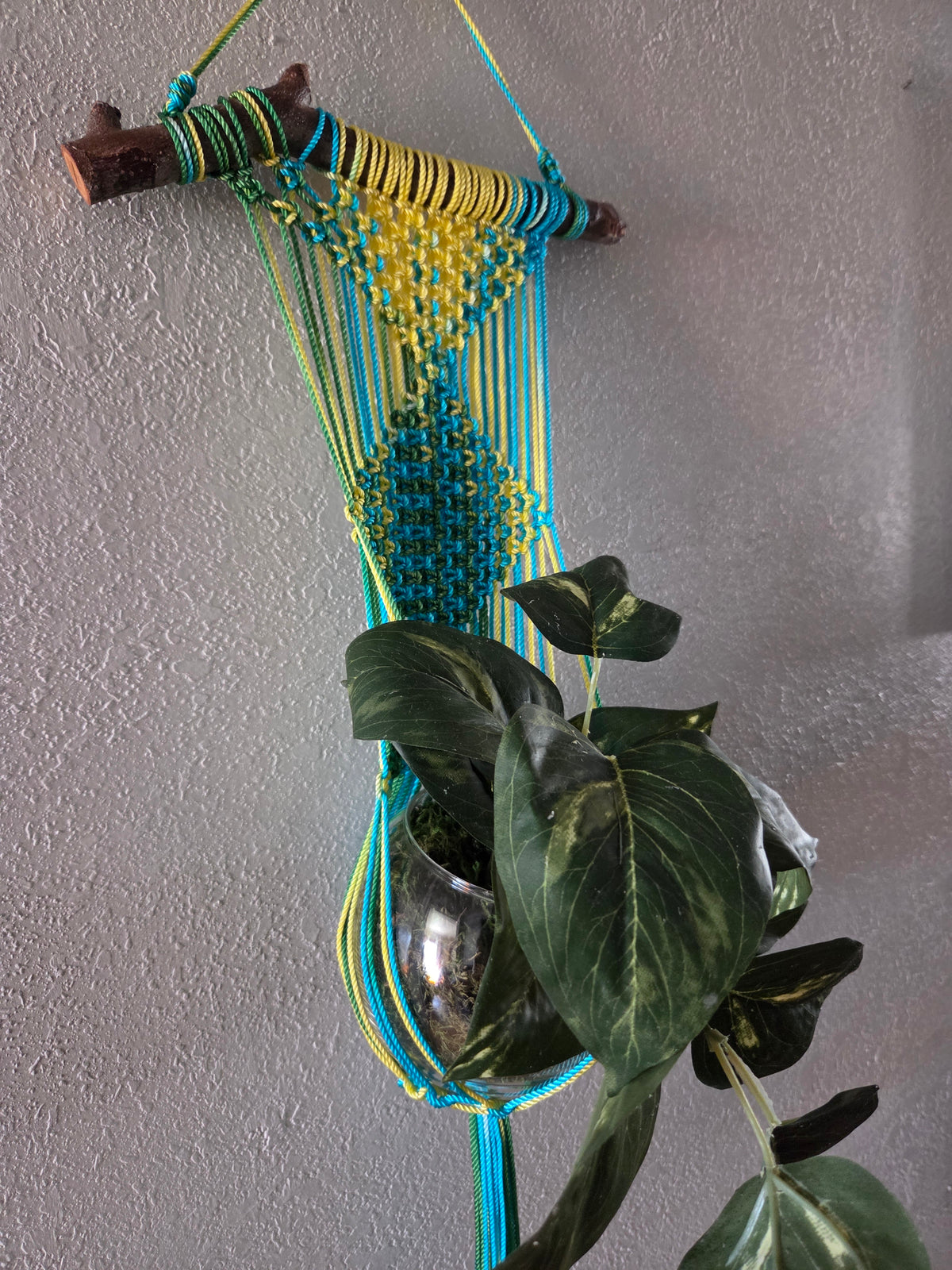 Handcrafted Macrame Nylon Plant Hanger with Driftwood & Decorative Greenery
