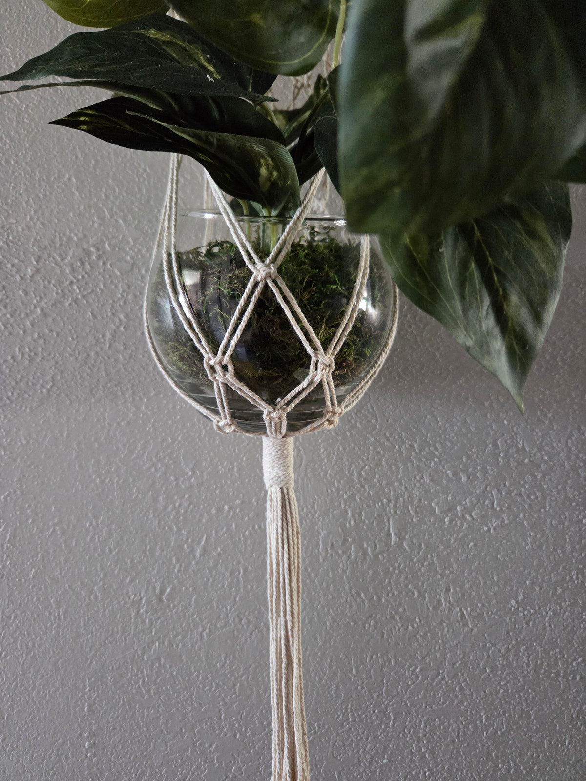 Handcrafted Macrame Cotton Plant Hanger with Driftwood & Decorative Greenery