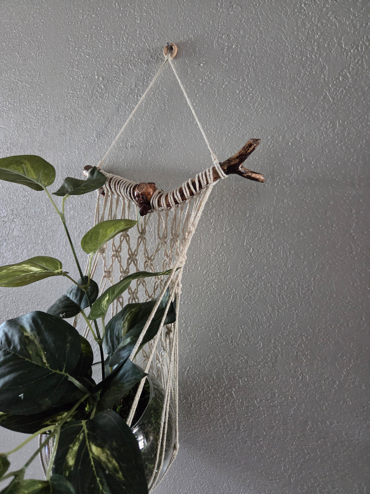 Handcrafted Macrame Cotton Plant Hanger with Driftwood & Decorative Greenery