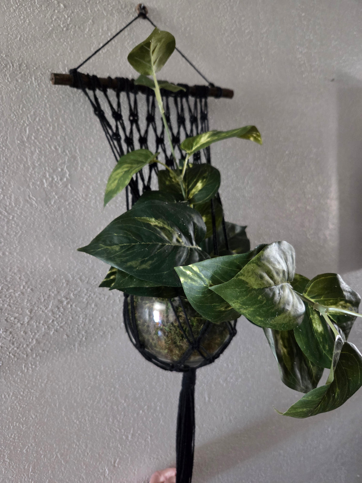 Handcrafted Macrame Cotton Plant Hanger with Driftwood & Decorative Greenery