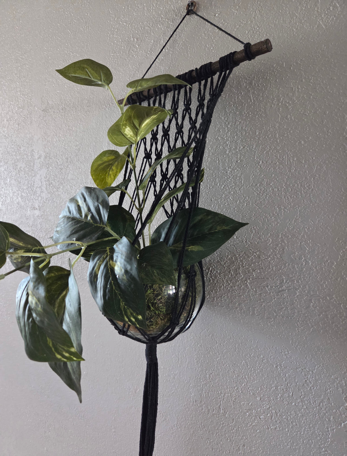 Handcrafted Macrame Cotton Plant Hanger with Driftwood & Decorative Greenery