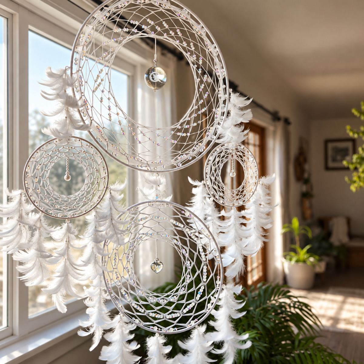 Crystal Moon Fairy Dream Catcher – Large Handcrafted White Feather Wall Hanging