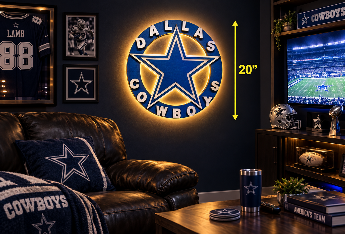 PRE-ORDER  Illuminated Dallas Cowboys Inspired Wood Wall Sign – 20"