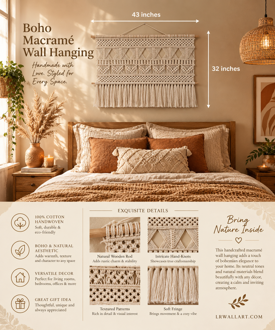 Marie Large Handmade Macrame Wall Hanging – 43" Boho Cotton Wall Decor
