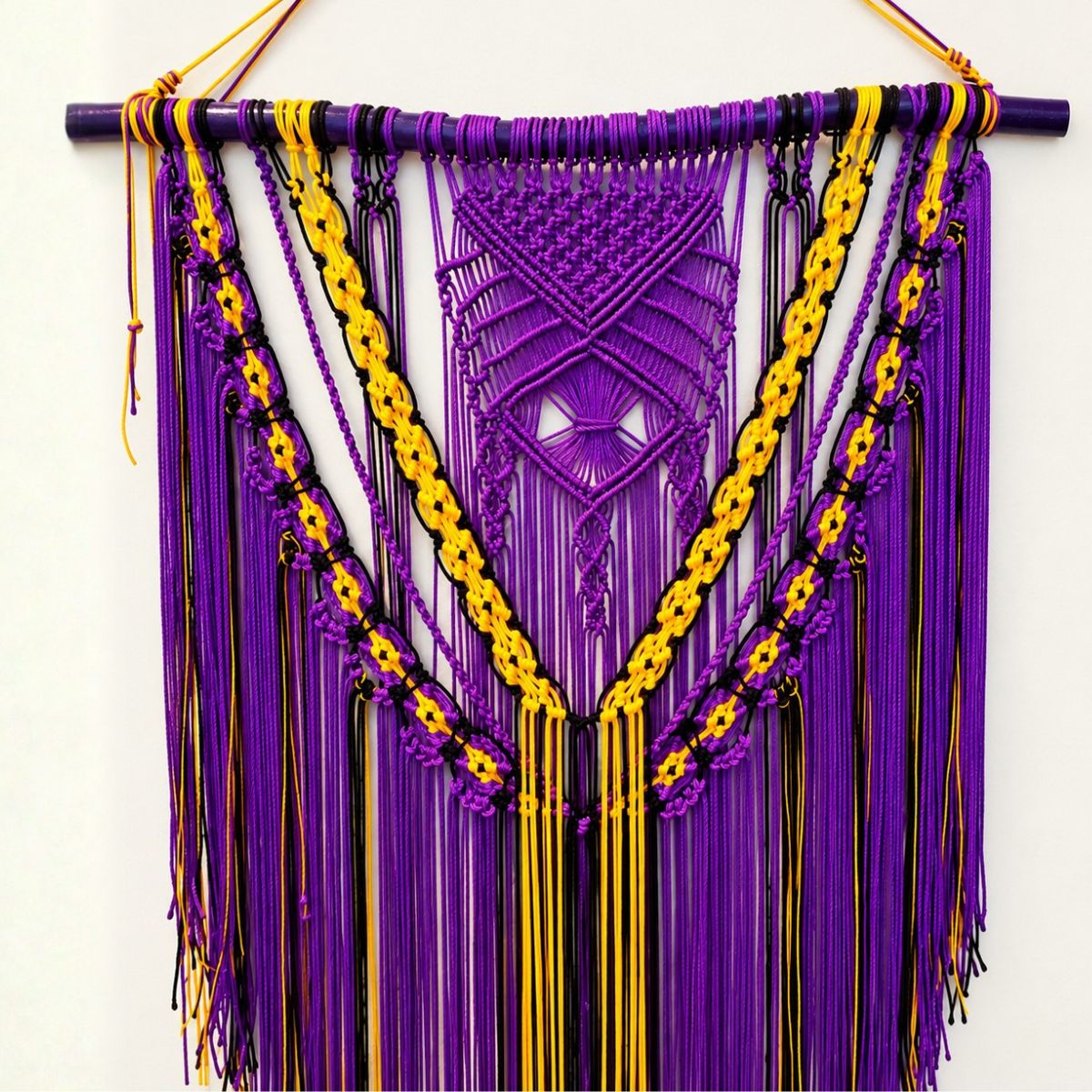 Illuminated Lakers Inspired Macrame wall hanging.