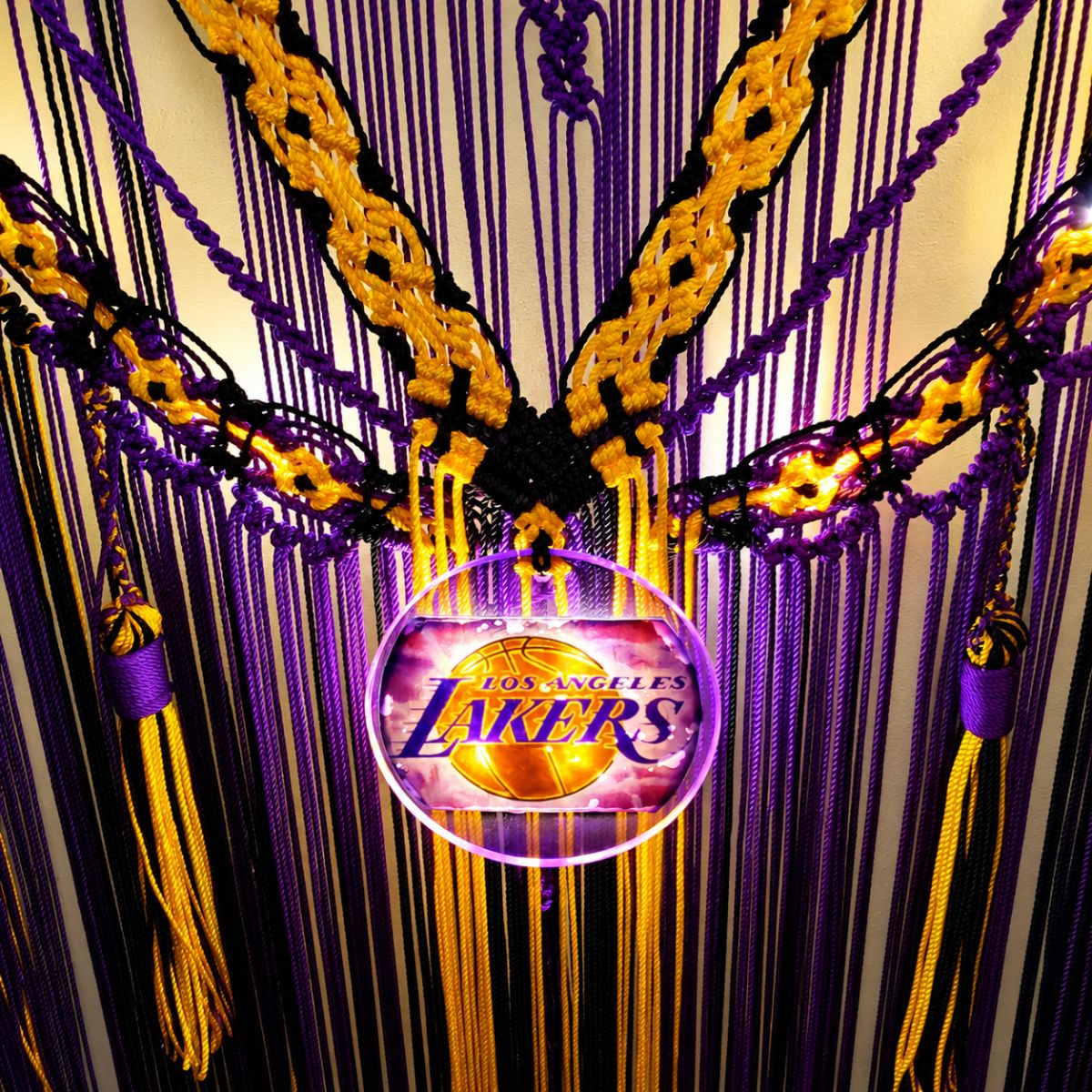 Illuminated Lakers Inspired Macrame wall hanging.