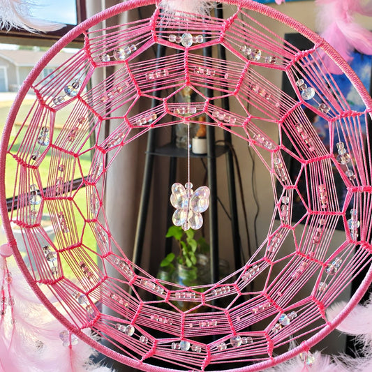 Handmade Pink Butterfly Dream Catcher – 14" x 32" Boho Wall Decor