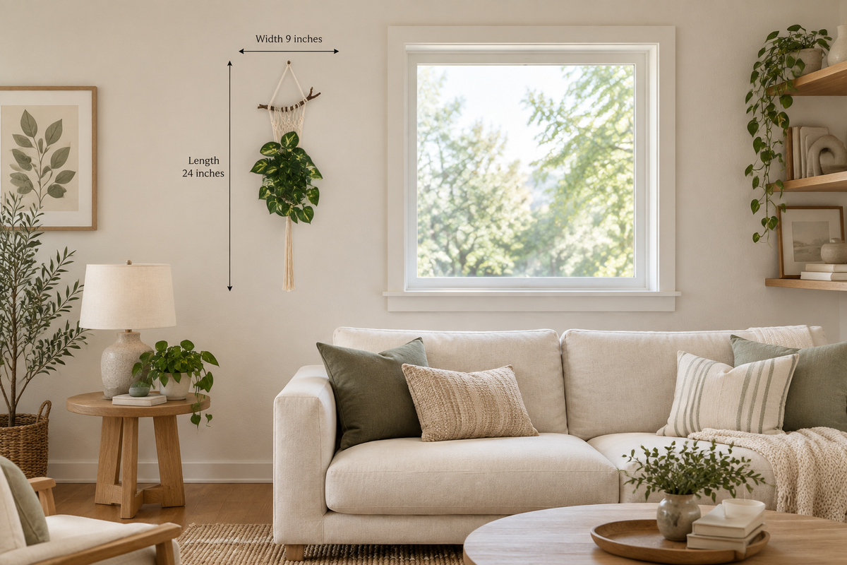 Beige cotton plant hanger beside a 3-by-3-foot living-room window, labeled 24 inches long by 9 inches wide