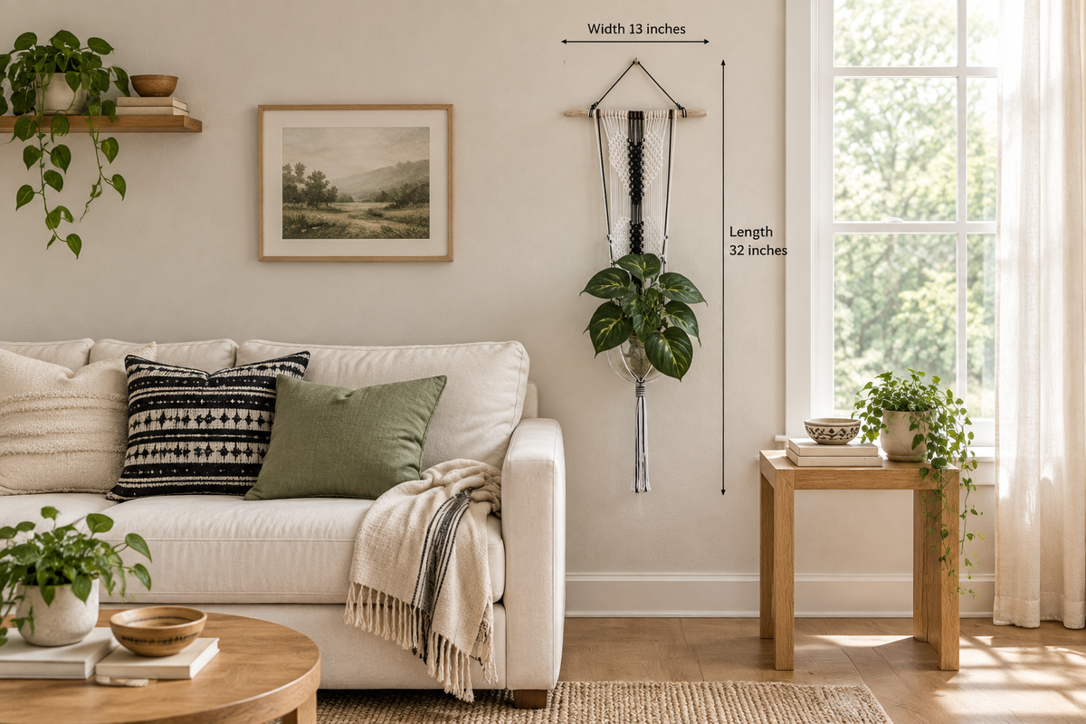 Black-and-white plant hanger beside a living-room window, with 32-inch length and 13-inch width labels