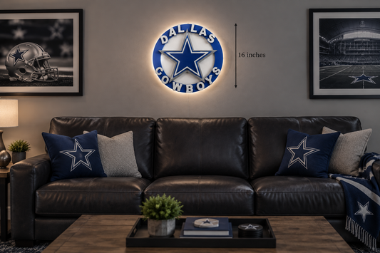 Dallas-inspired wood wall art at 16-inch scale in a fan cave