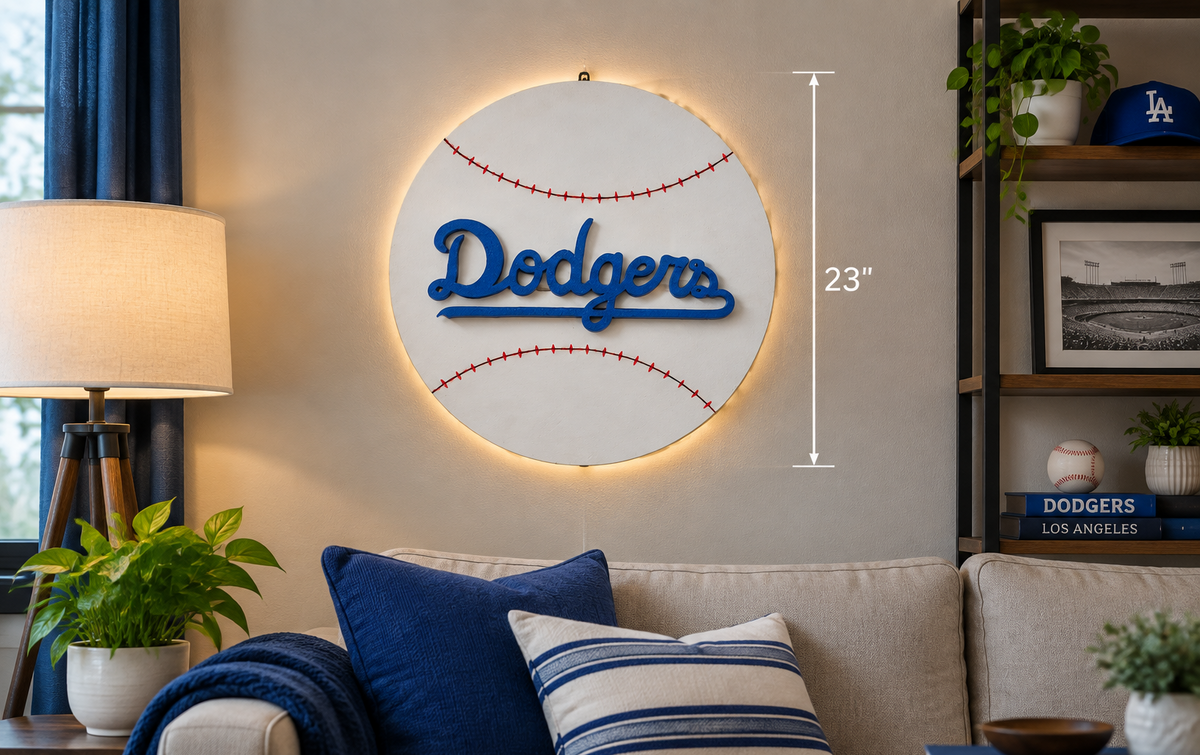 Illuminated Dodgers Baseball Wood Wall Art – 20" Handmade Lighted Sign