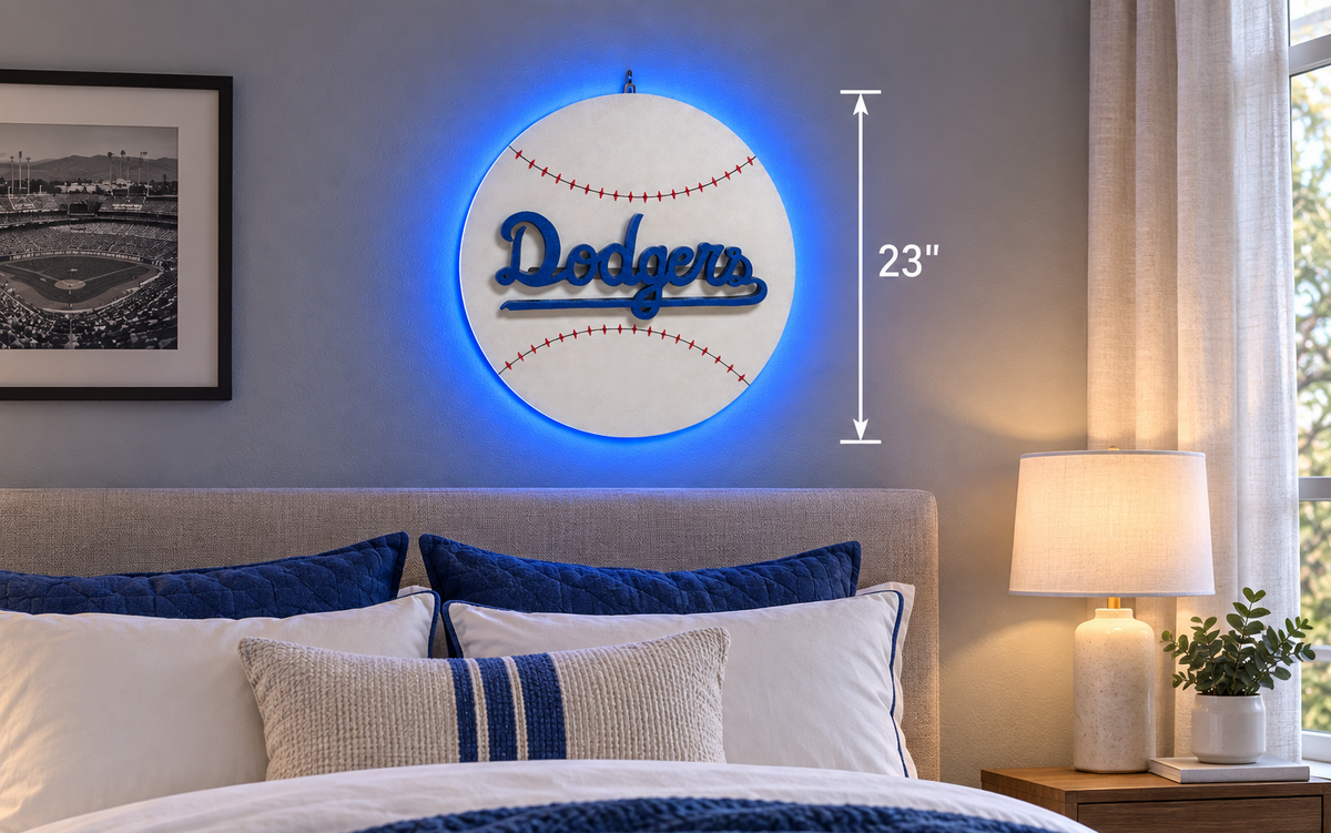 Illuminated Dodgers Baseball Wood Wall Art – 20" Handmade Lighted Sign