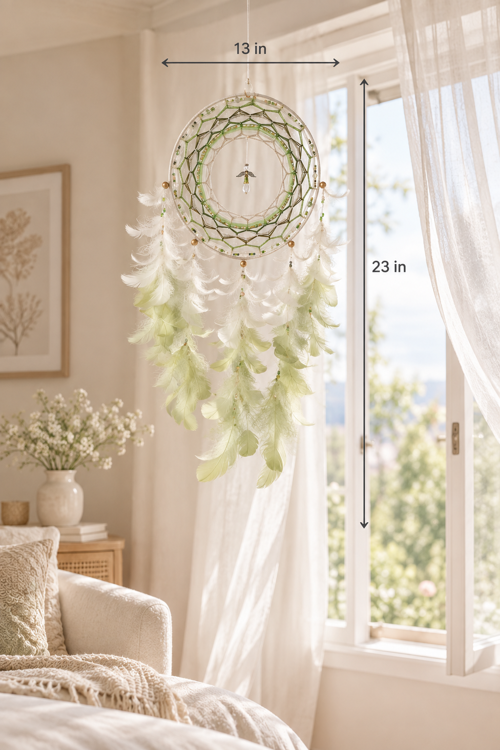 Dream catcher hanging from the ceiling in front of an open window, 13 x 23 inches