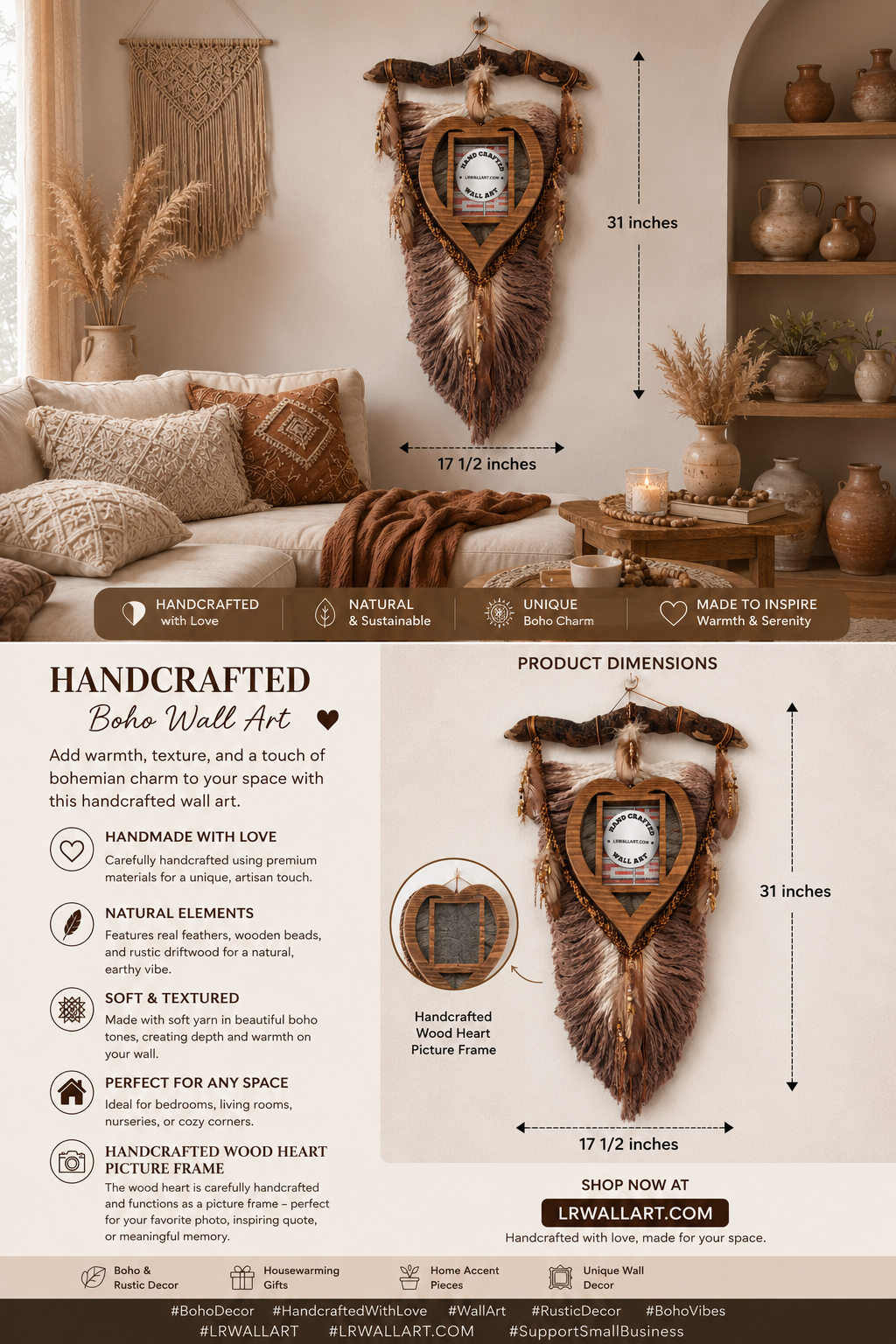 Brown-Beige Macrame feather/leaf w/Heart Picture Frame