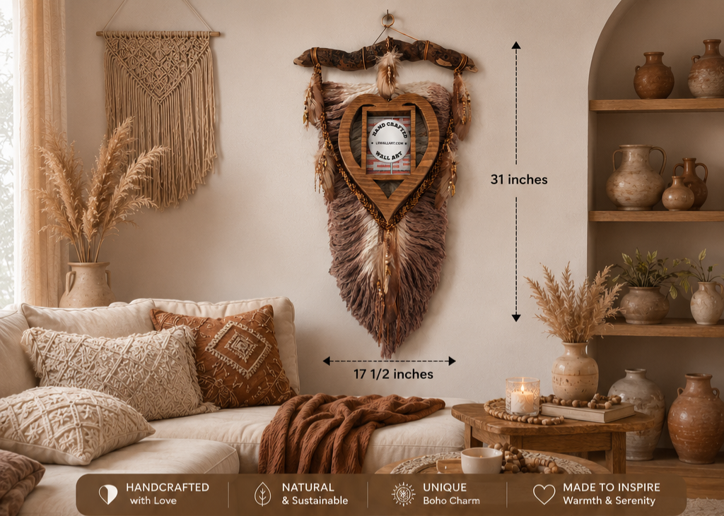 Brown-Beige Macrame feather/leaf w/Heart Picture Frame