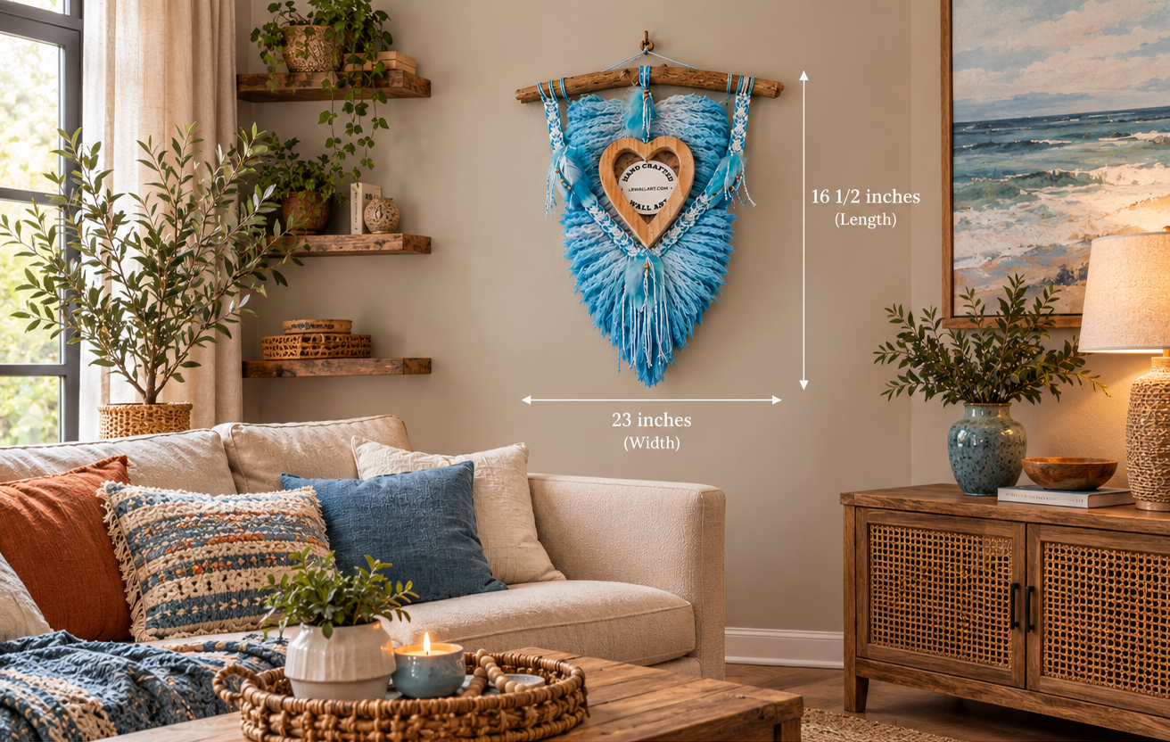 Turquise Macrame feather/leaf w/Heart Picture Frame