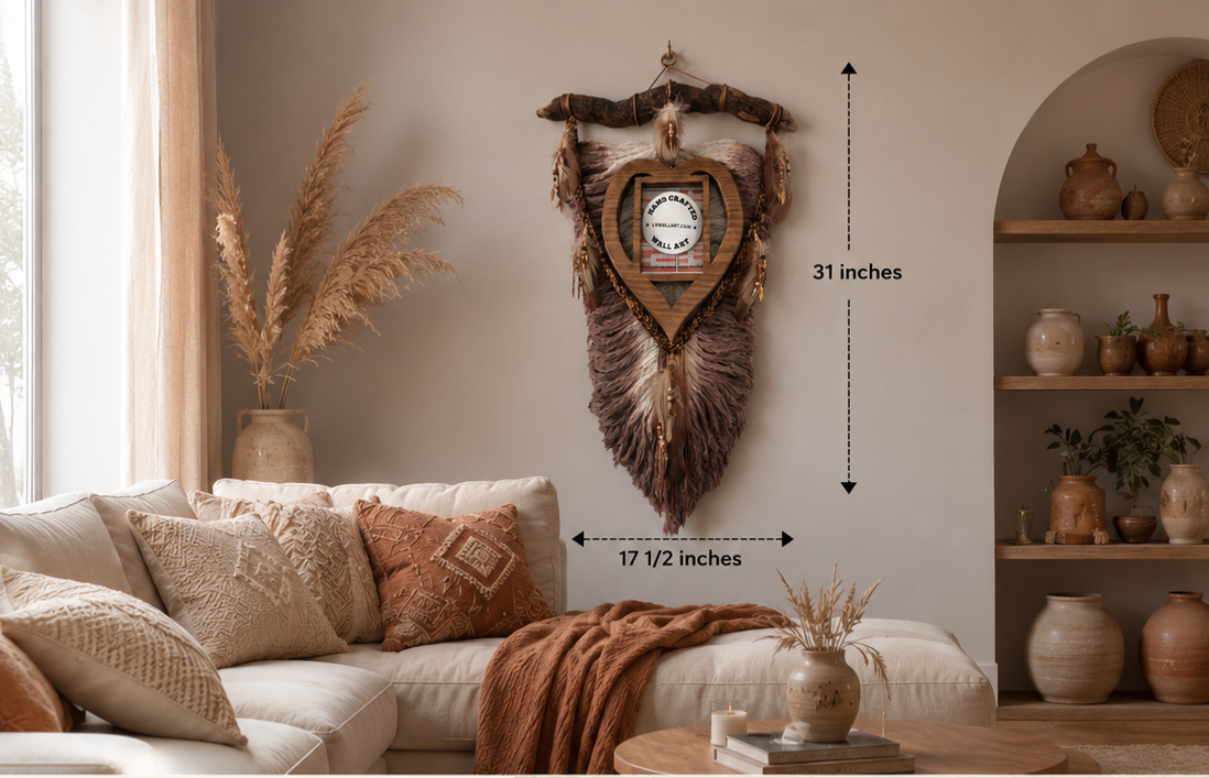 Brown-Beige Macrame feather/leaf w/Heart Picture Frame