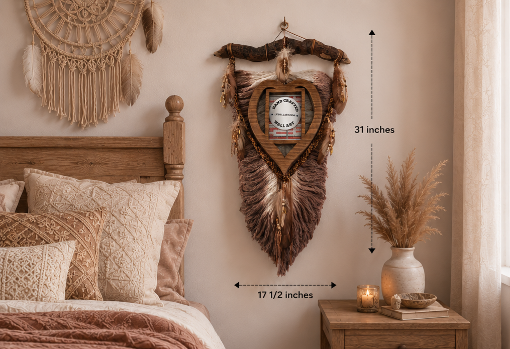 Brown-Beige Macrame feather/leaf w/Heart Picture Frame