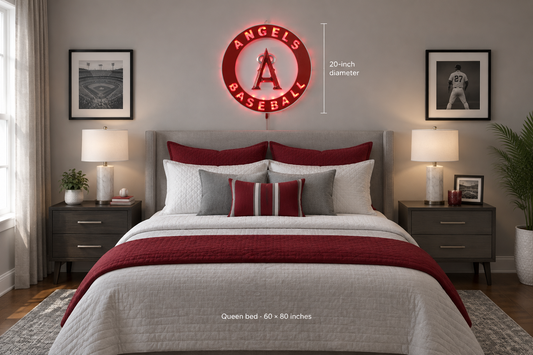Illuminated Angels artwork above a queen bed
