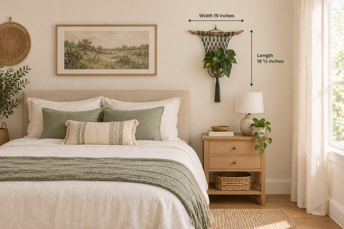 Dark macrame plant hanger displayed above a bedside table in a cream and sage bedroom, labeled 18 1/2 inches long and 19 inches wide.