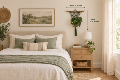 Dark macrame plant hanger displayed above a bedside table in a cream and sage bedroom, labeled 18 1/2 inches long and 19 inches wide.