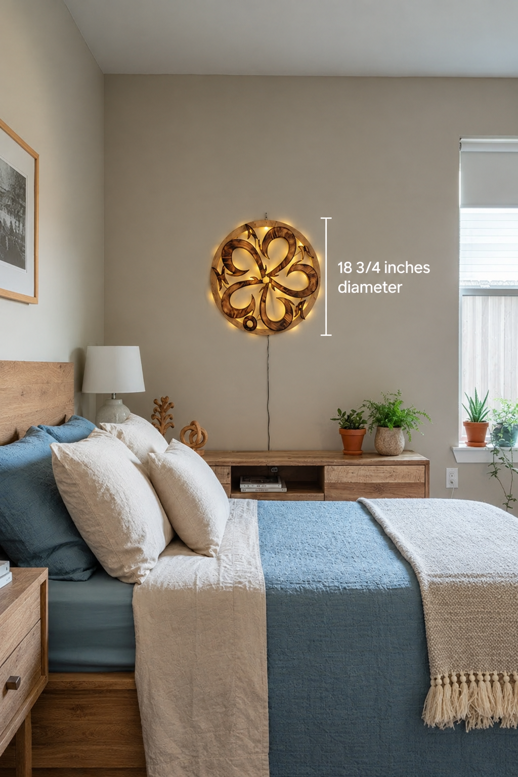 Illuminated burnt-wood Ohana wall art in a bedroom, labeled 18¾ inches in diameter