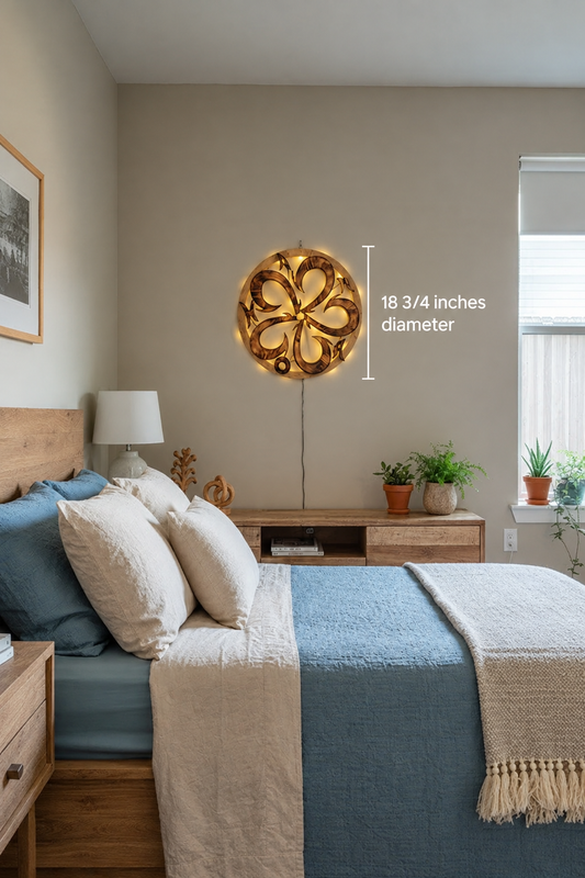 Illuminated burnt-wood Ohana wall art in a bedroom, labeled 18¾ inches in diameter