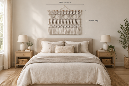 Macramé mockup above a queen bed, labeled 43 inches wide by 27 inches long