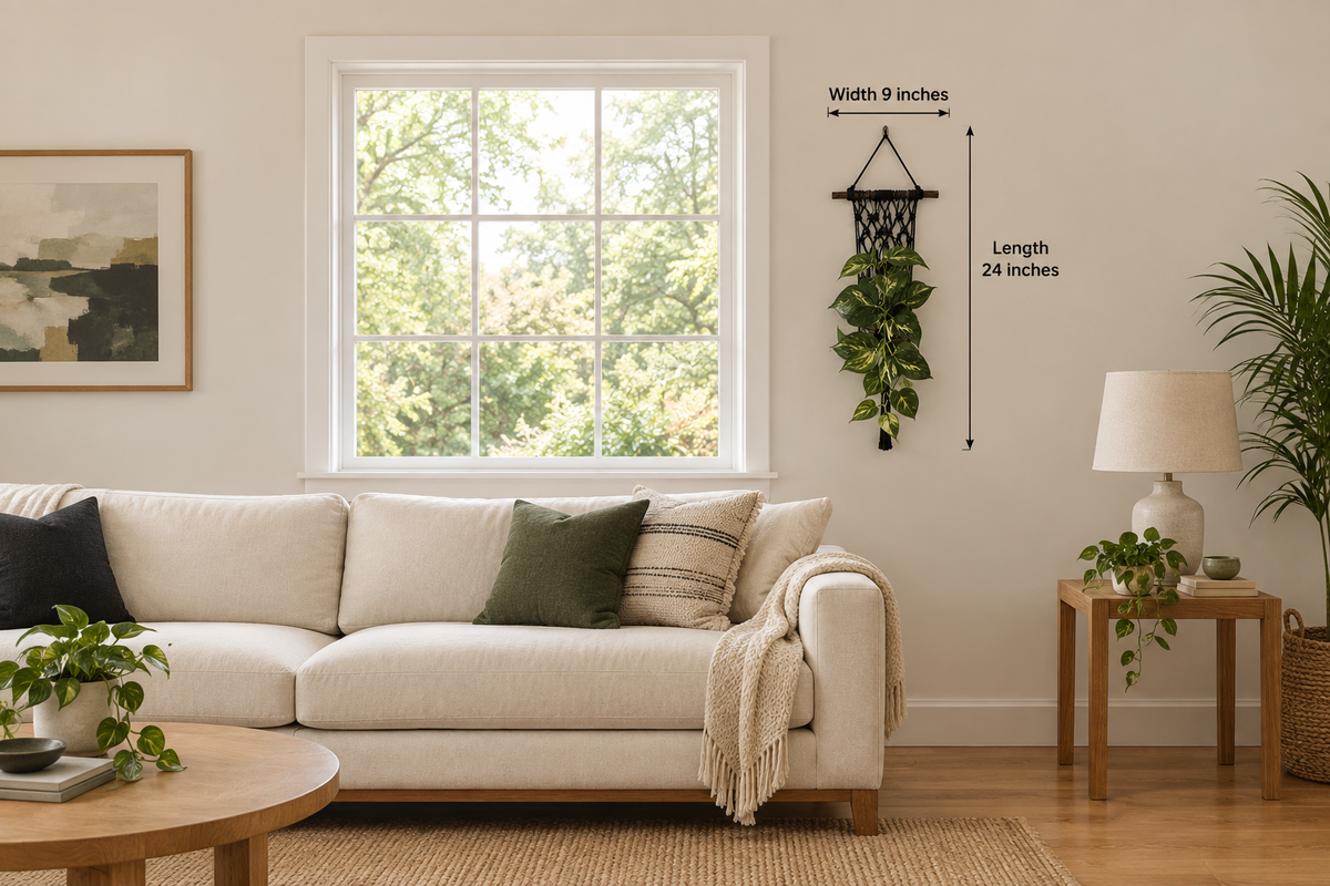 Revised black cotton plant hanger at a smaller scale beside a living-room window
