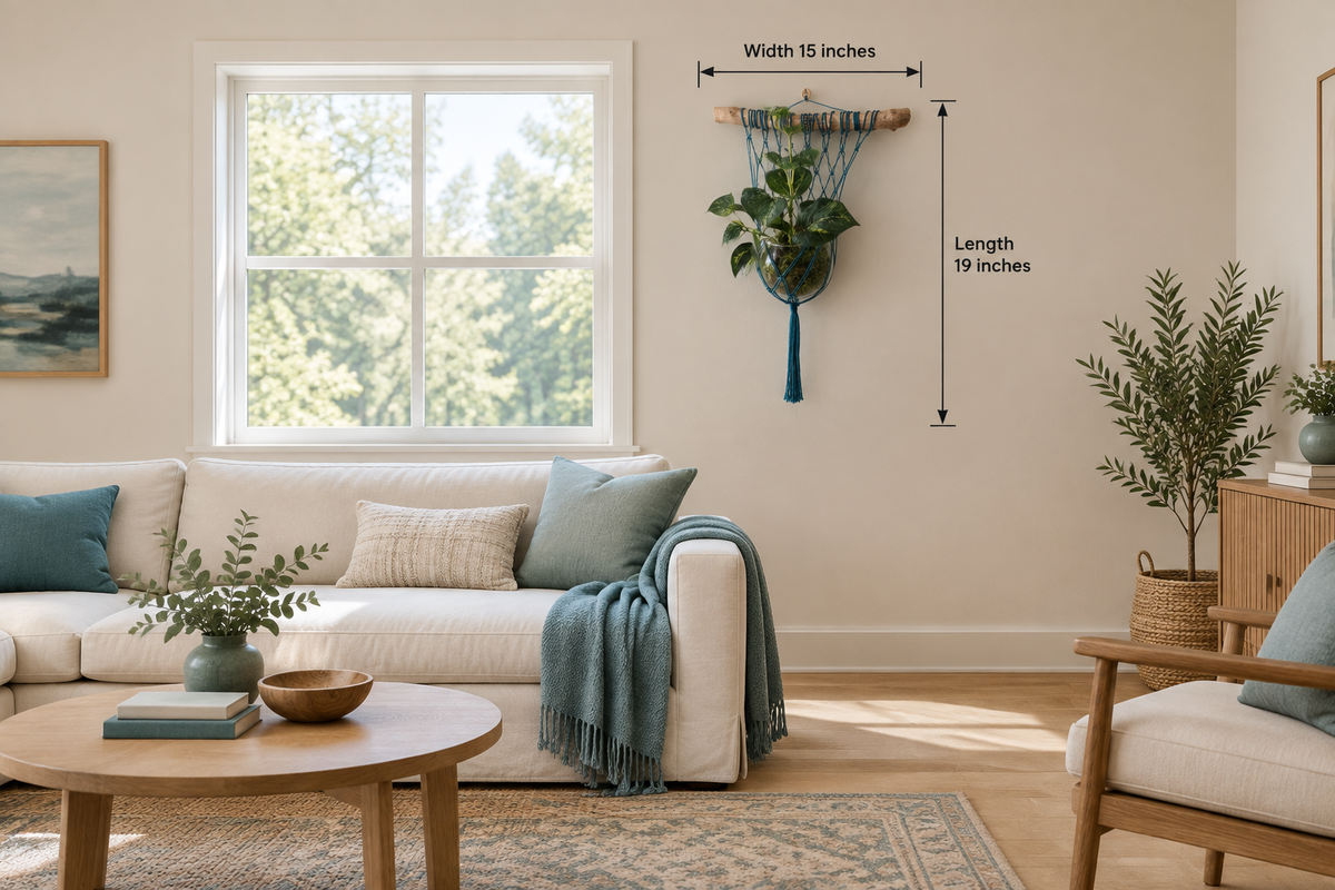 Revised dark teal plant hanger mockup using the original knotwork and glass-bowl proportions