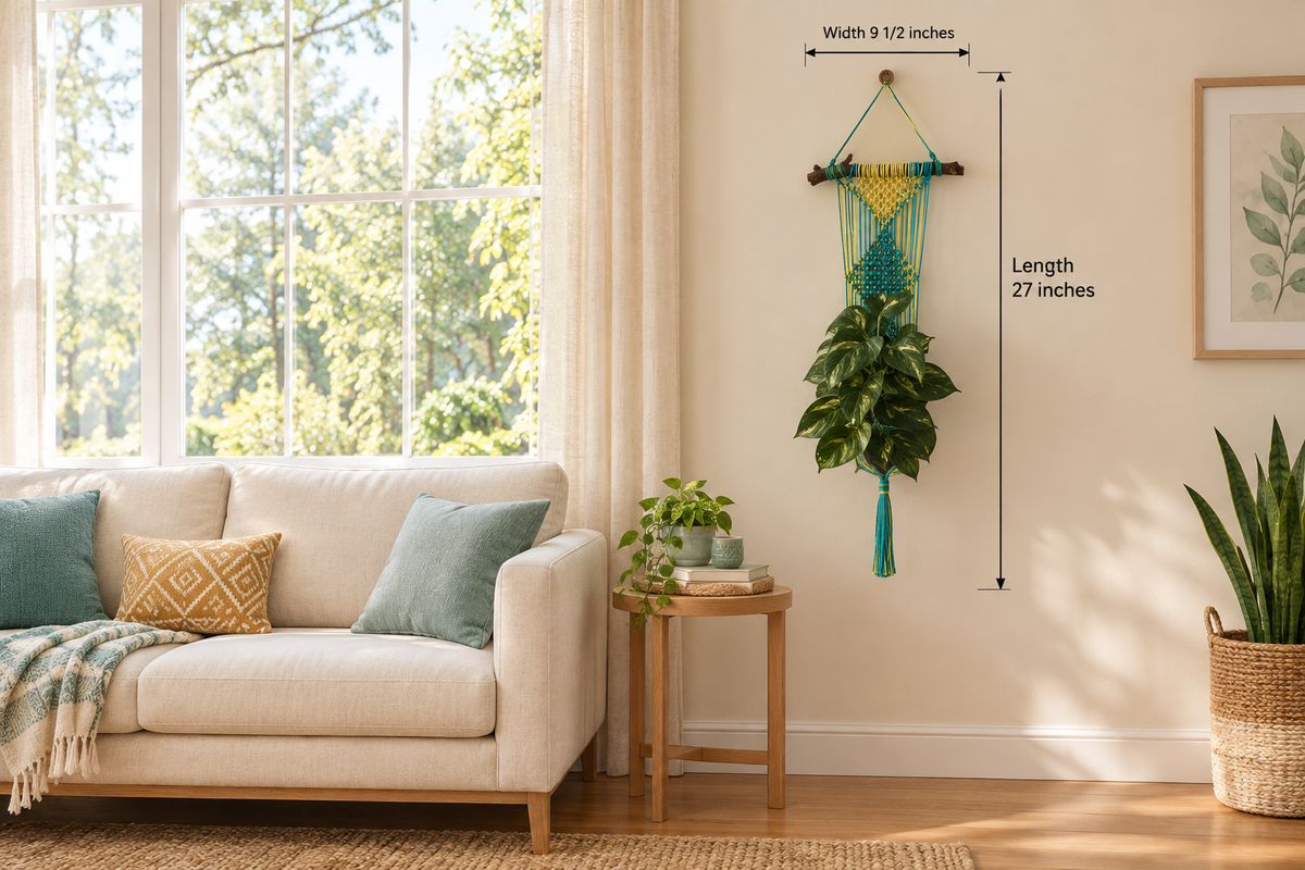 Turquoise and yellow plant hanger in a wider living room beside a window, labeled 27 inches long and 9½ inches wide