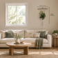 Wider living-room mockup with smaller beige plant hanger