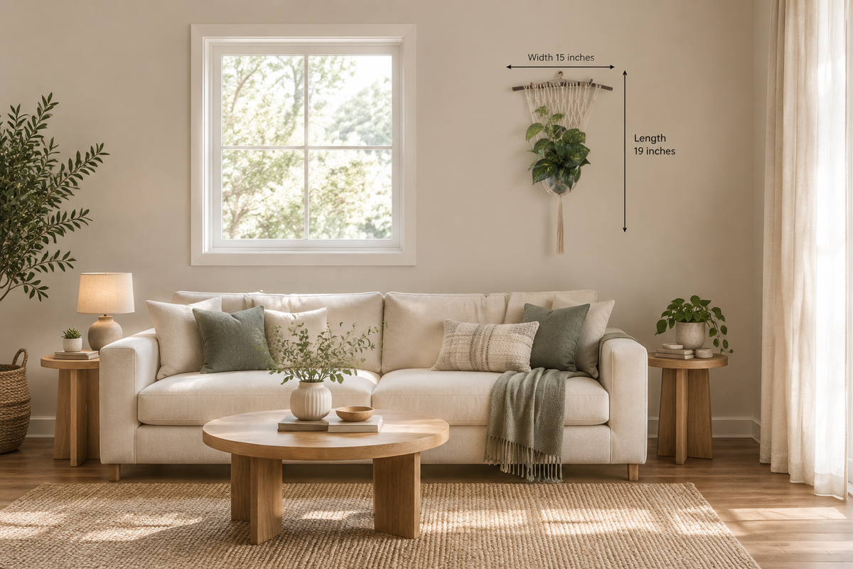 Wider living-room mockup with smaller beige plant hanger