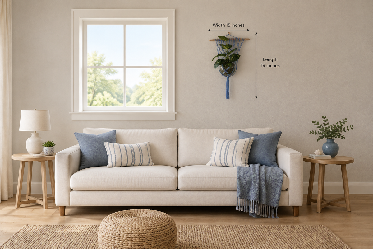 Wider living-room mockup with smaller slate blue plant hanger